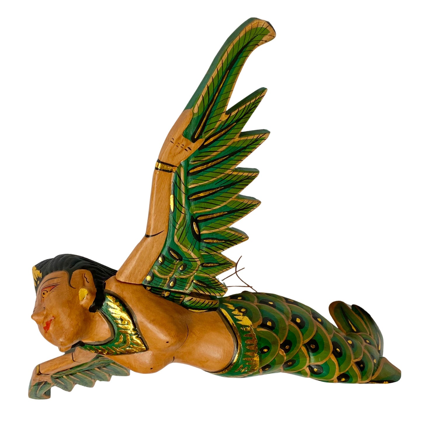 Bali Mermaid Mobile Goddess Winged Flying Sea Maiden Spirit Chaser Cradle Guardian Hand Carved Wood Green Balinese Folk art 16"