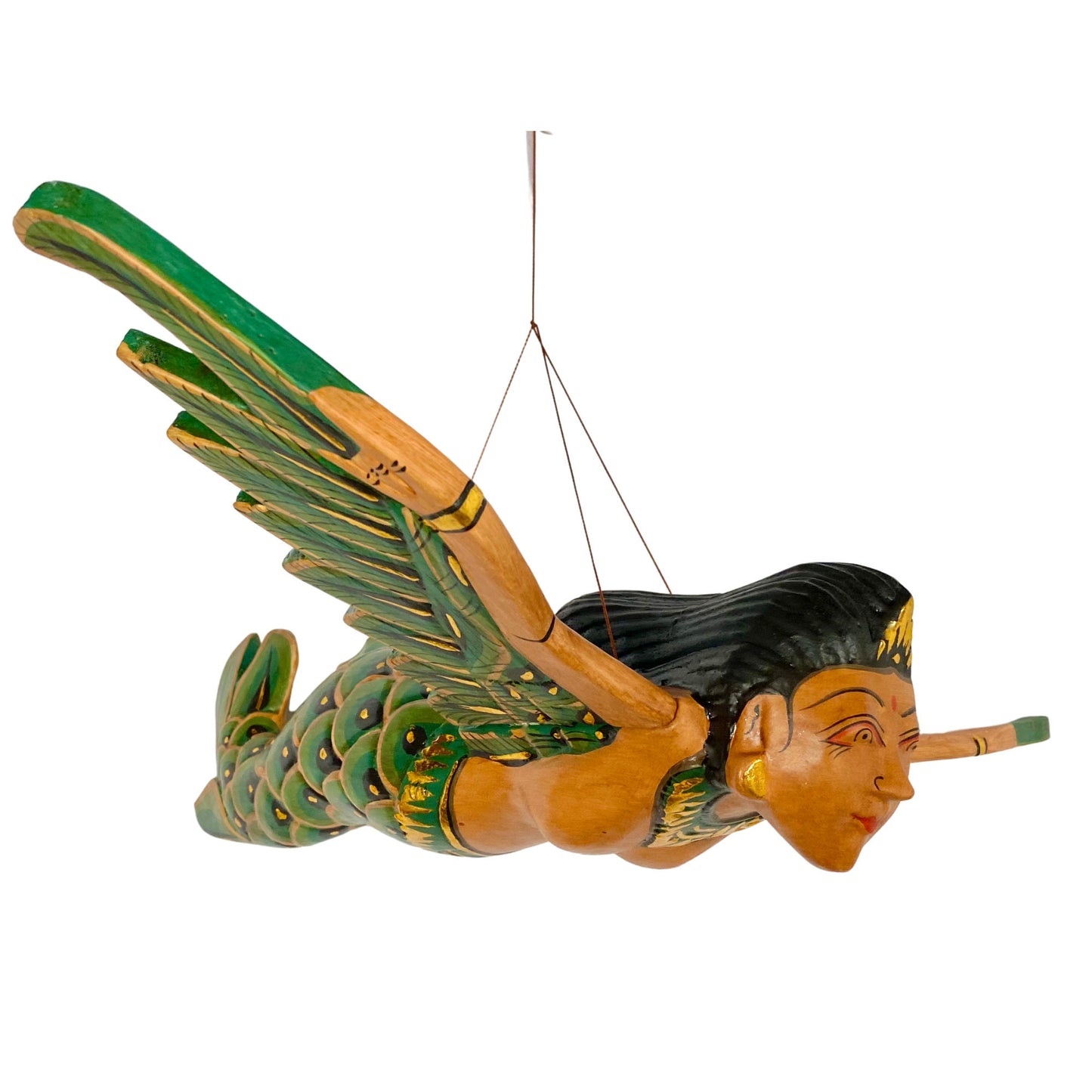 Bali Mermaid Mobile Goddess Winged Flying Sea Maiden Spirit Chaser Cradle Guardian Hand Carved Wood Green Balinese Folk art 16"