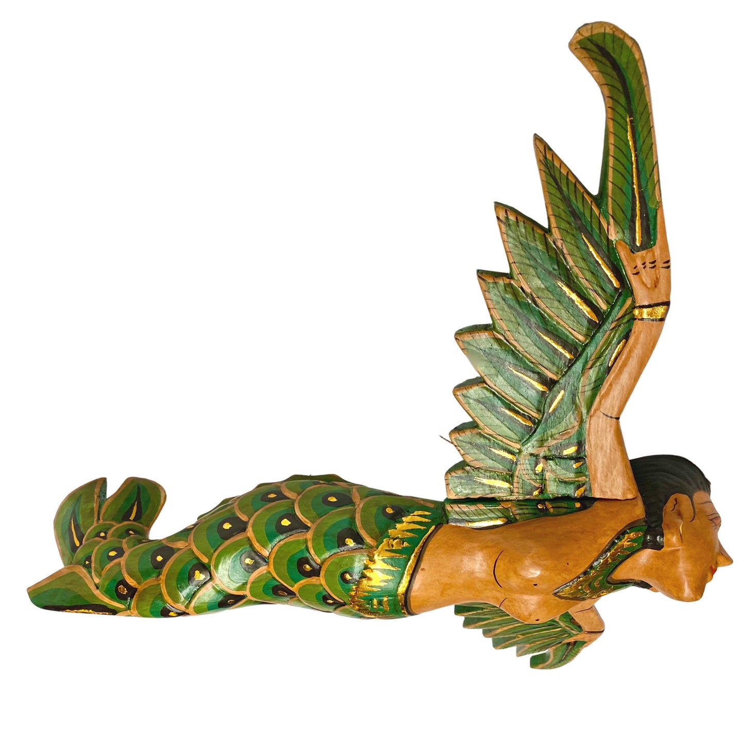 Bali Mermaid Mobile Goddess Winged Flying Sea Maiden Spirit Chaser Cradle Guardian Hand Carved Wood Green Balinese Folk art 16"