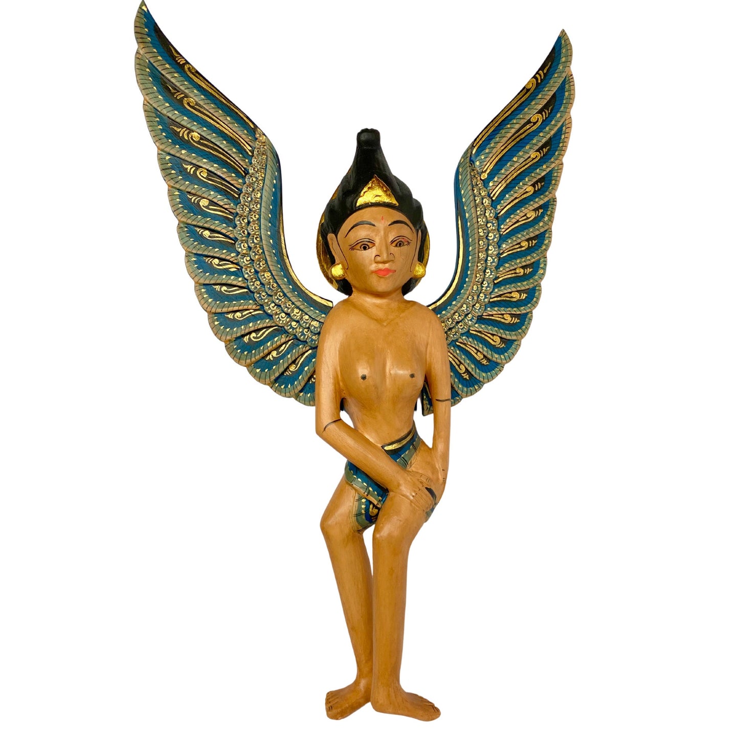 Winged Dewi Sri Fertility Goddess Nursery Mobile Demon Chaser Cradle Guardian Carved Wood Balinese Folk art Teal - Acadia World Traders