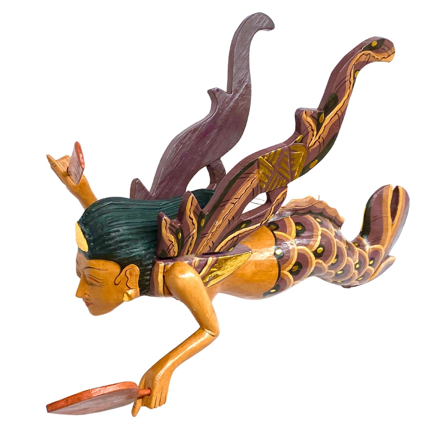 Bali Winged Mermaid Goddess Mobile Cradle Guardian Mauve Carved wood Balinese art 16"