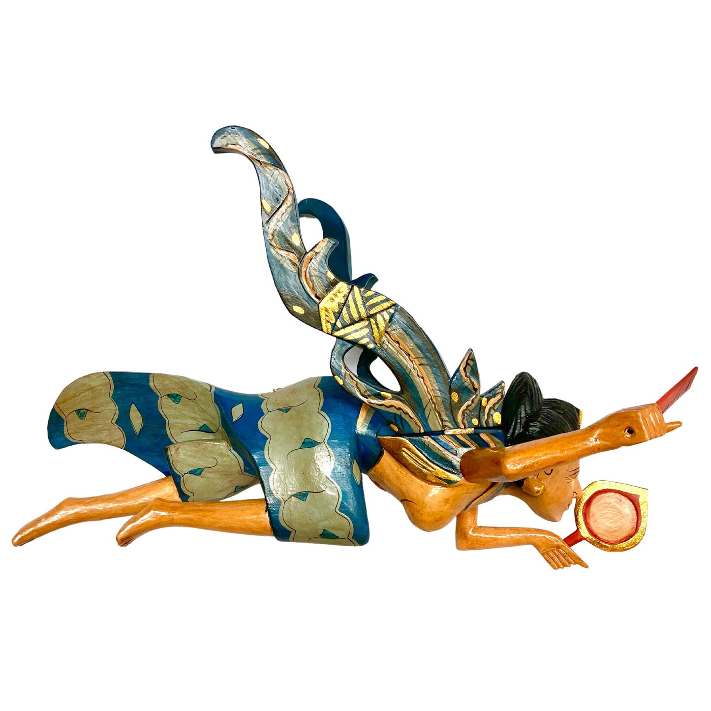 Winged Dewi Ratih Moon Lunar Goddess Mobile Spiritchaser Crib Guardian Hand Carved Wood Bali Folk Art Teal 16"