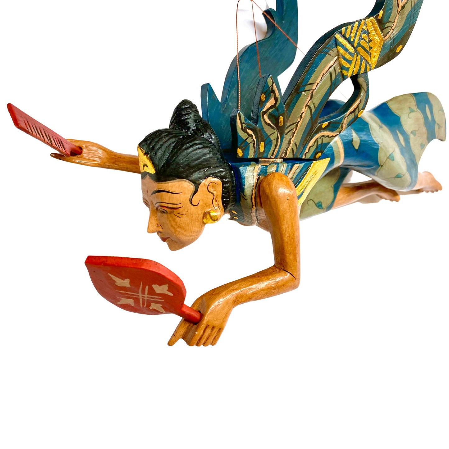 Winged Dewi Ratih Moon Lunar Goddess Mobile Spiritchaser Crib Guardian Hand Carved Wood Bali Folk Art Teal 16"