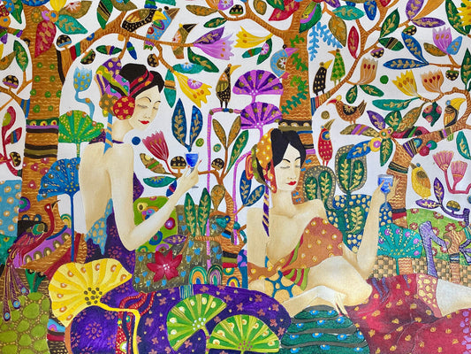 Balinese Sisters in the Garden Jungalow Style Wall Art Acrylic on Canvas Painting Klimt Inspired Handmade hand painted OOAK
