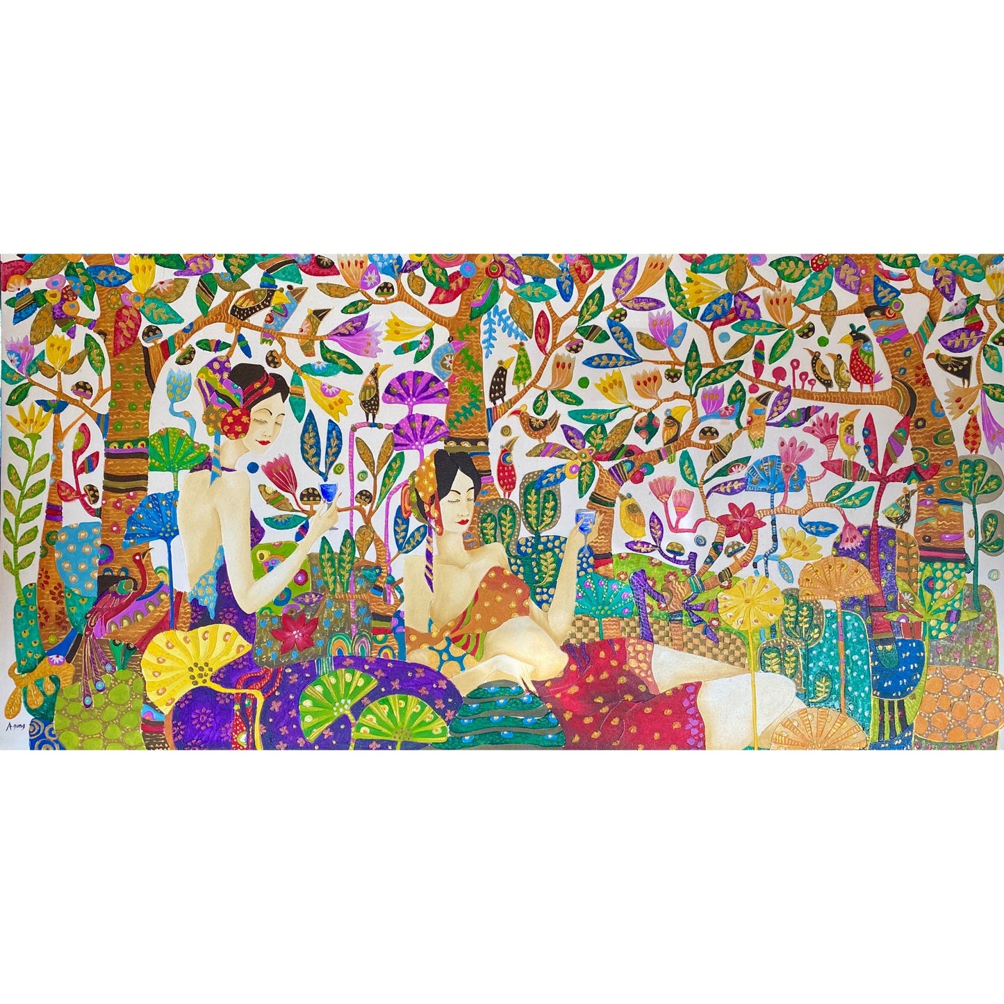 Balinese Sisters in the Garden Jungalow Style Wall Art Acrylic on Canvas Painting Klimt Inspired Handmade hand painted OOAK