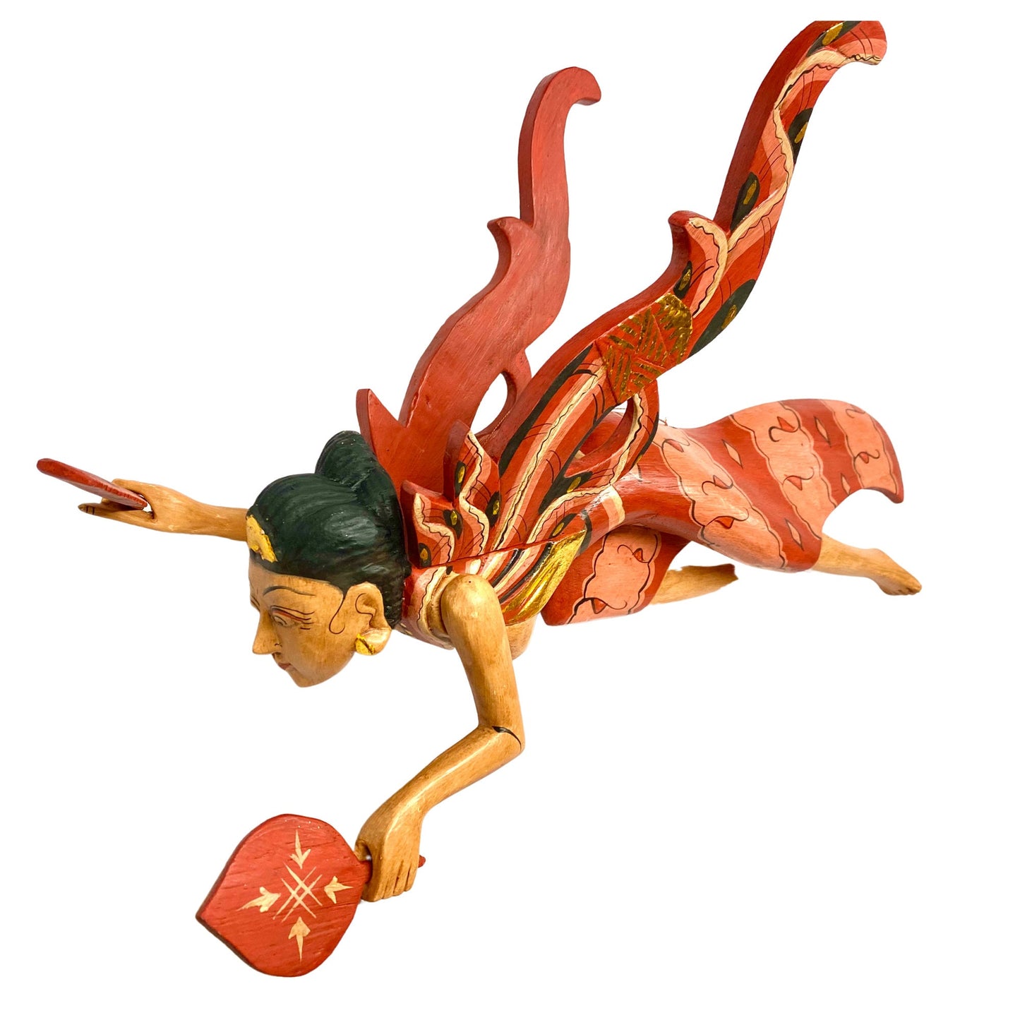 Flying Dewi Ratih Moon Lunar Goddess Mobile Crib Guardian Hand Carved Wood Bali Folk Art red 16"