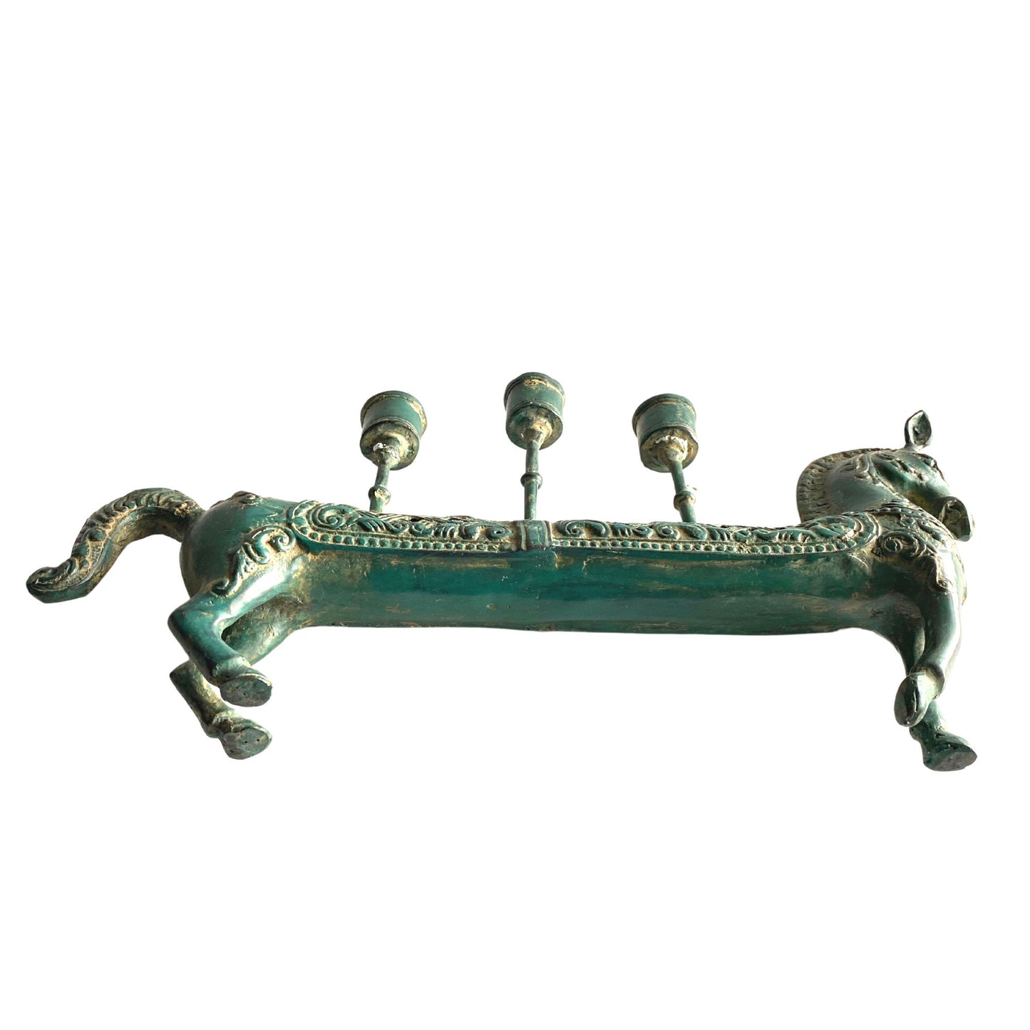 Tribal Horse Bronze candelabra candle holder Lost wax cast Bronze Green Verdigris metal Vintage Indonesian Folk Art