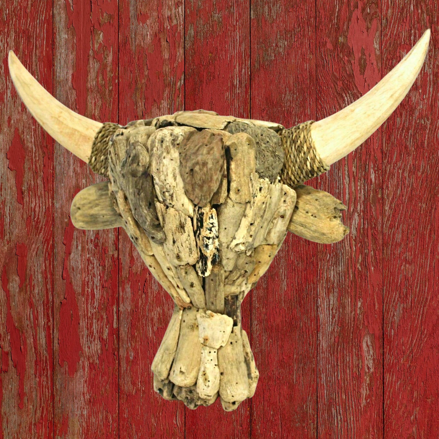 Rustic Bull Cow Steer Faux Vegan taxidermy Mount handmade Wall Art repurposed Driftwood Boho Farmhouse Lodge Decor Bali art