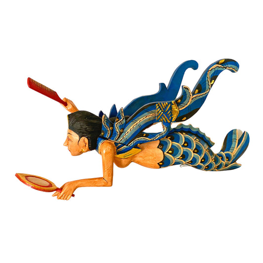 Bali Winged Mermaid Flying Goddess Hanging Mobile Cradle Crib Guardian Spiritchaser Hand Carved wood Carving Balinese Folk art Teal 16"