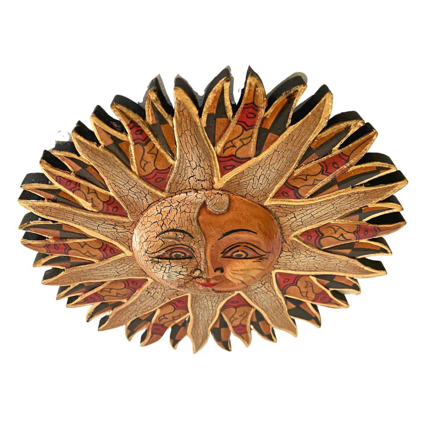 Batik Sunburst Sun Wall Art Plaque Half MOON Celestial Carved hand painted Bali folkart - Acadia World Traders