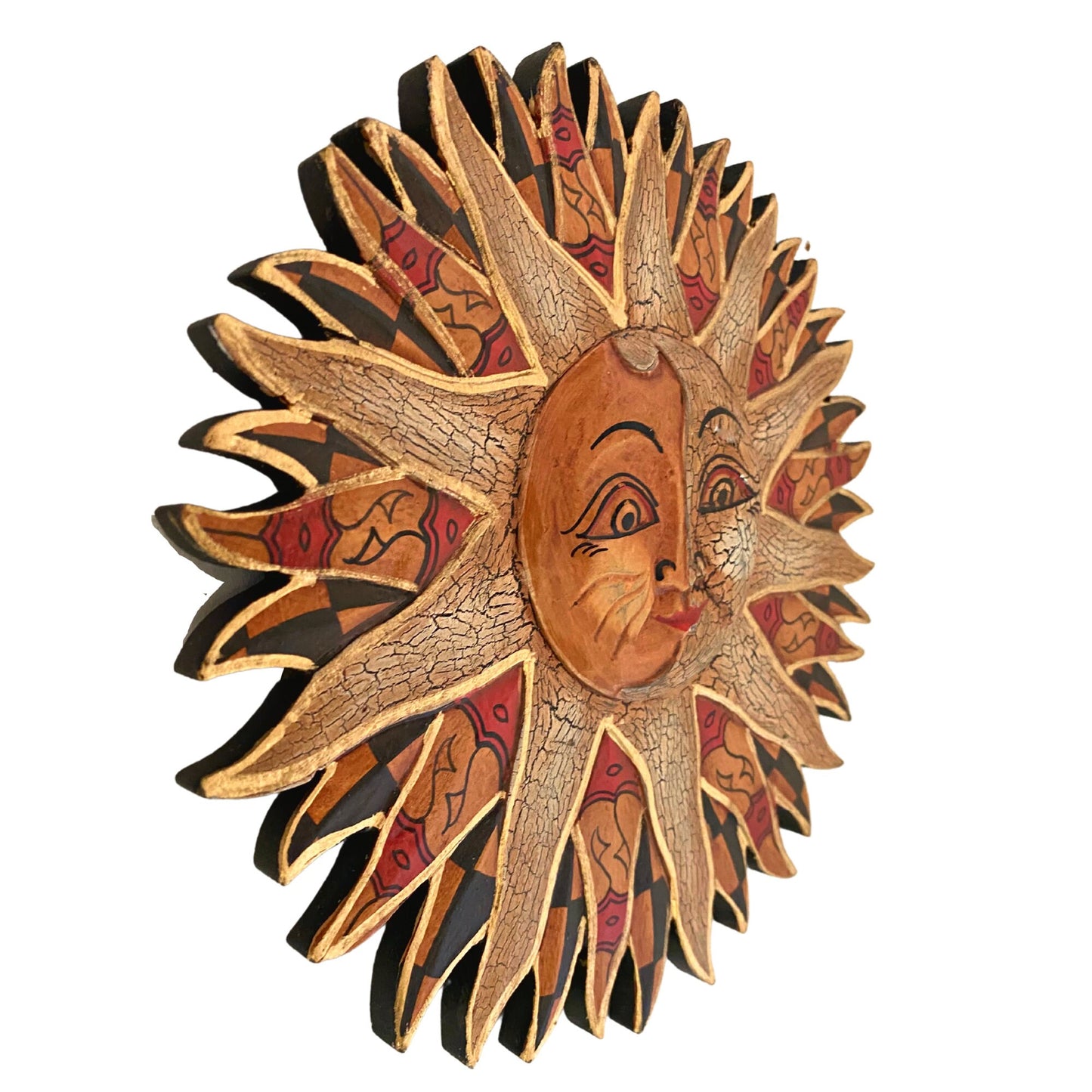 Batik Sunburst Sun Wall Art Plaque Half MOON Celestial Carved hand painted Bali folkart - Acadia World Traders