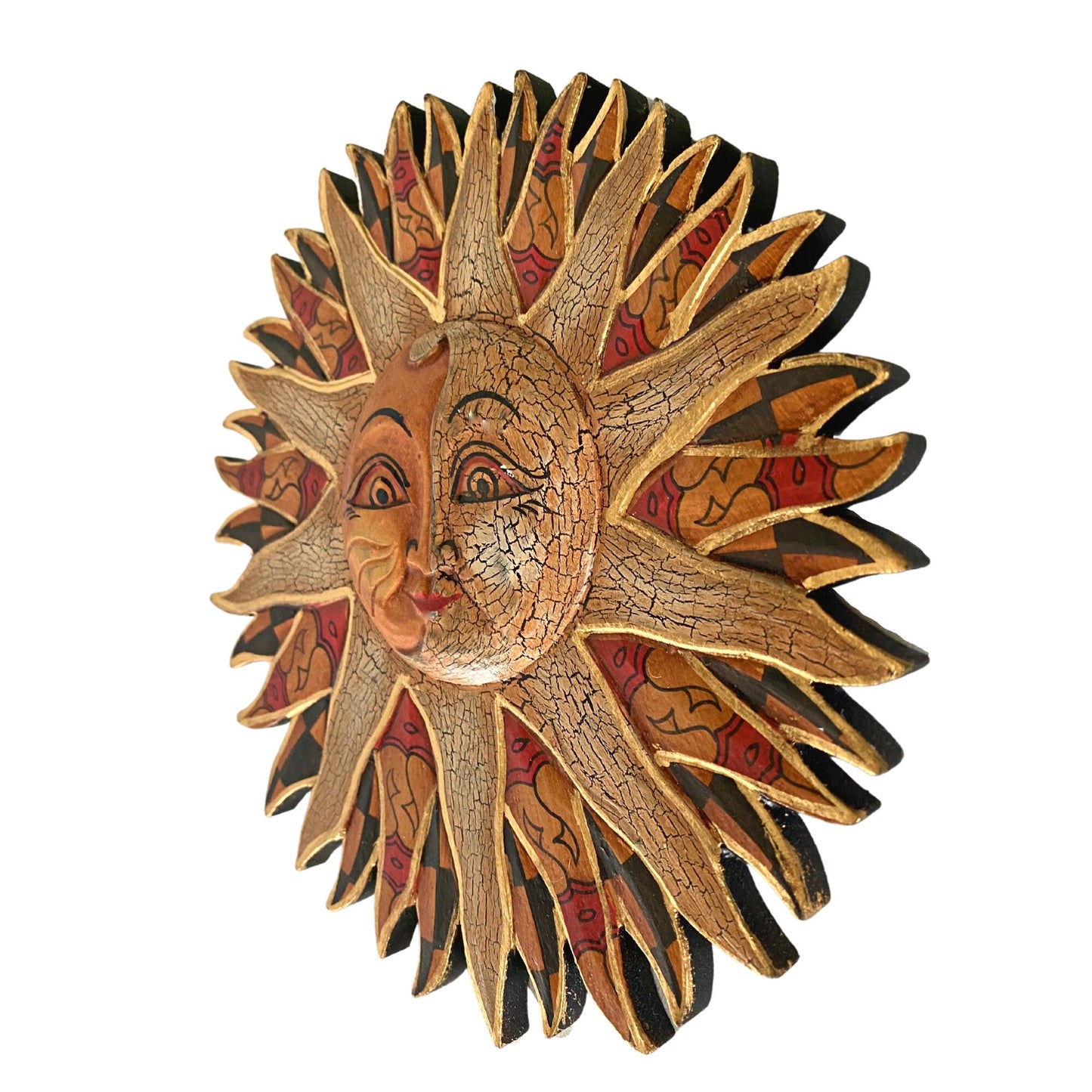 Batik Sunburst Sun Wall Art Plaque Half MOON Celestial Carved hand painted Bali folkart - Acadia World Traders