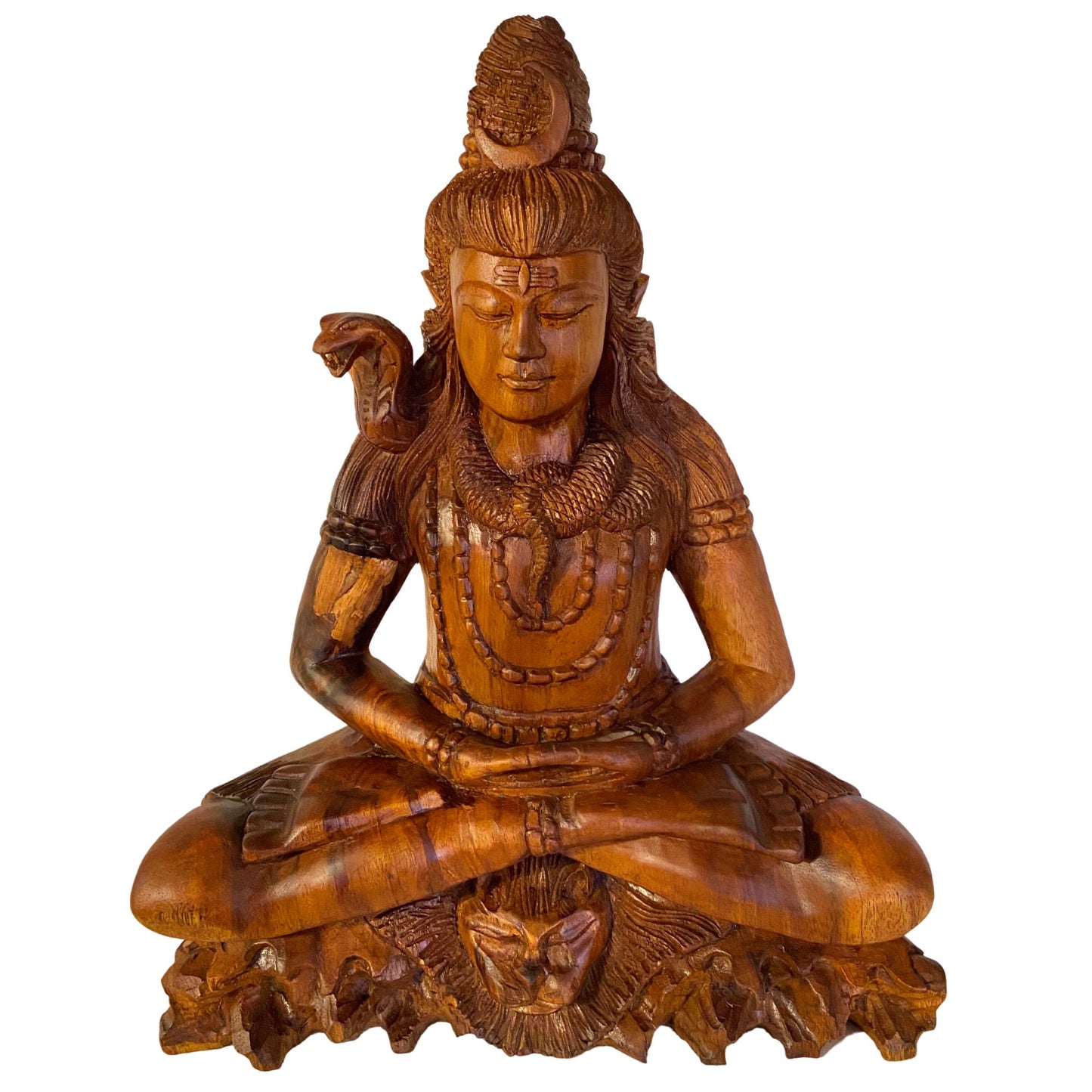 Hand Carved Wood Lord Shiva Seated on Tiger Statue: Balinese Hindu Art Sculpture