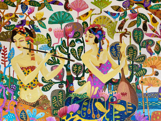 Balinese Painting Musician Sisters in Lotus Garden  Acrylic on canvas Wall Art Painting Handmade Bali Inspired Home Decor OOAK