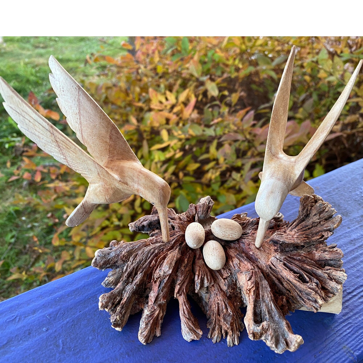 Hand Carved Hummingbird with Nest Statue: Balinese Parasite Mushroom Wood Sculpture
