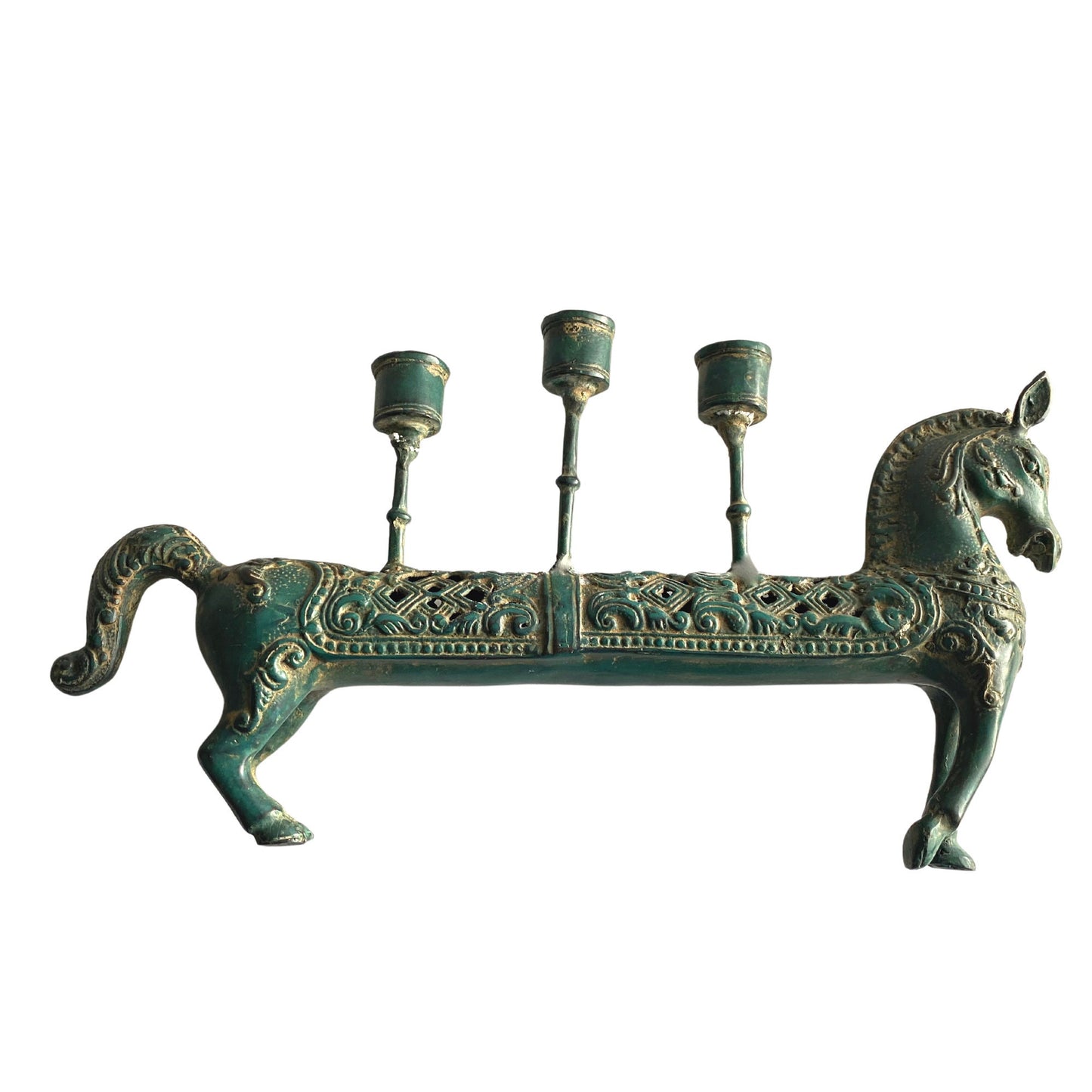 Tribal Horse Bronze candelabra candle holder Lost wax cast Bronze Green Verdigris metal Vintage Indonesian Folk Art