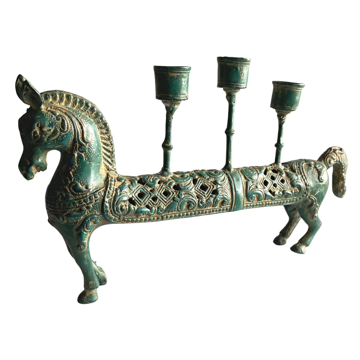 Tribal Horse Bronze candelabra candle holder Lost wax cast Bronze Green Verdigris metal Vintage Indonesian Folk Art