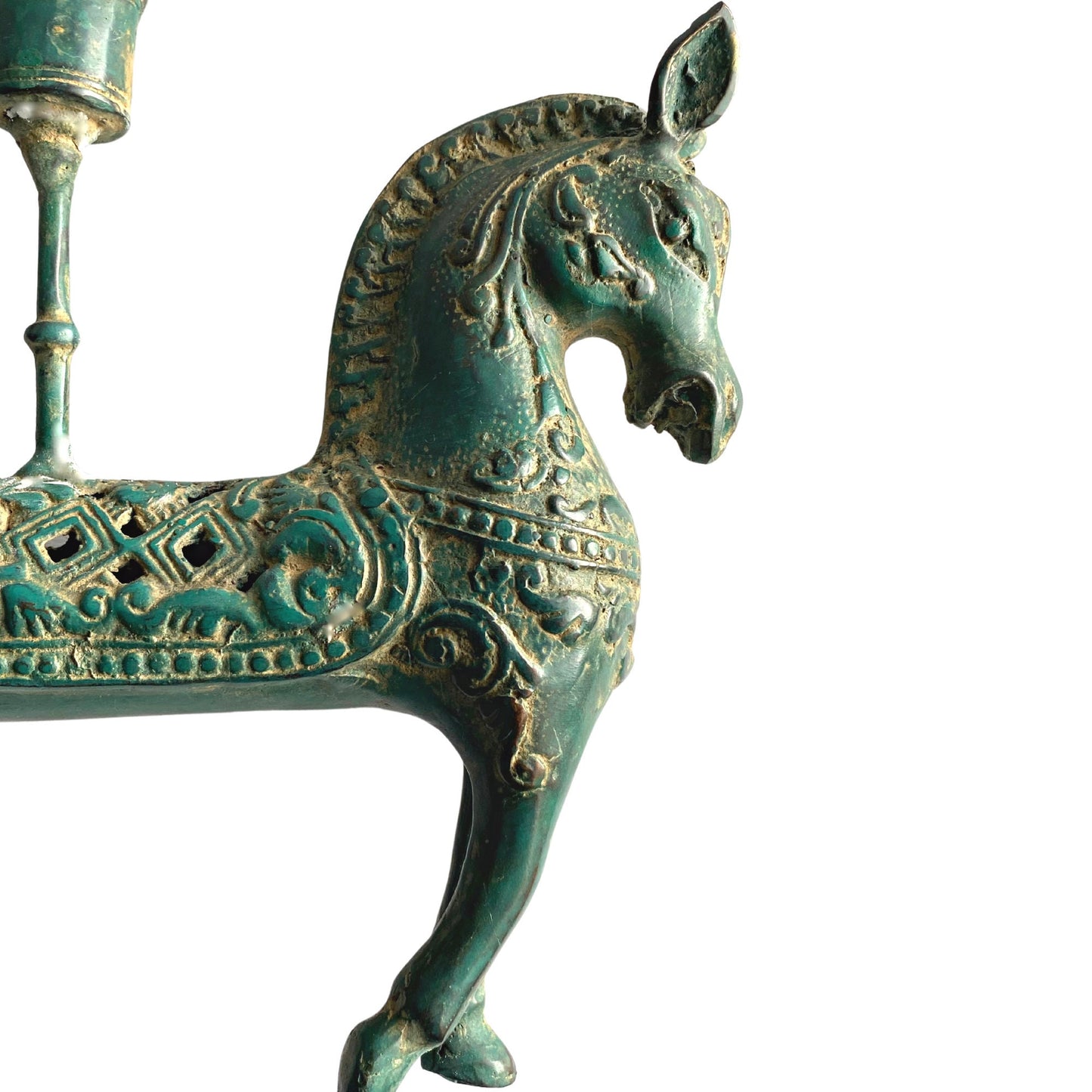 Tribal Horse Bronze candelabra candle holder Lost wax cast Bronze Green Verdigris metal Vintage Indonesian Folk Art