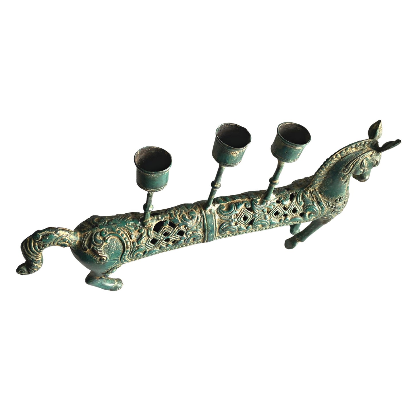 Tribal Horse Bronze candelabra candle holder Lost wax cast Bronze Green Verdigris metal Vintage Indonesian Folk Art