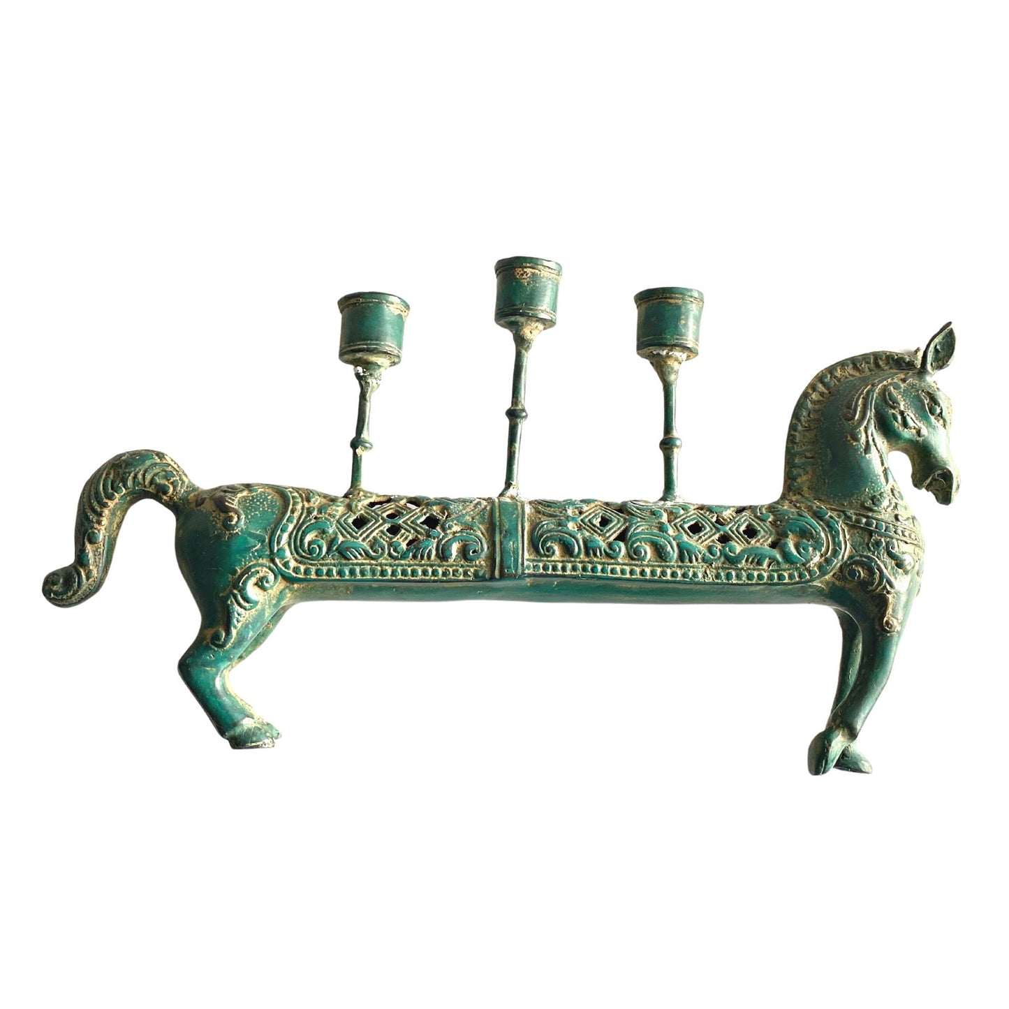 Tribal Horse Bronze candelabra candle holder Lost wax cast Bronze Green Verdigris metal Vintage Indonesian Folk Art