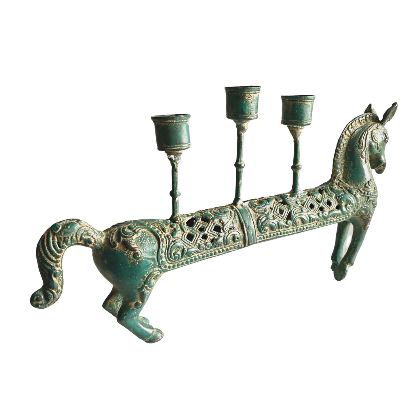 Tribal Horse Bronze candelabra candle holder Lost wax cast Bronze Green Verdigris metal Vintage Indonesian Folk Art
