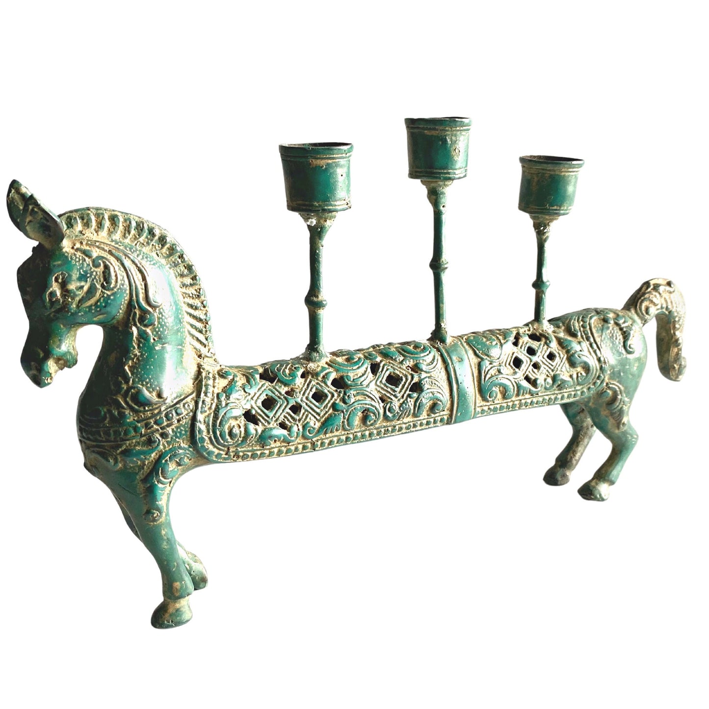 Tribal Horse Bronze candelabra candle holder Lost wax cast Bronze Green Verdigris metal Vintage Indonesian Folk Art