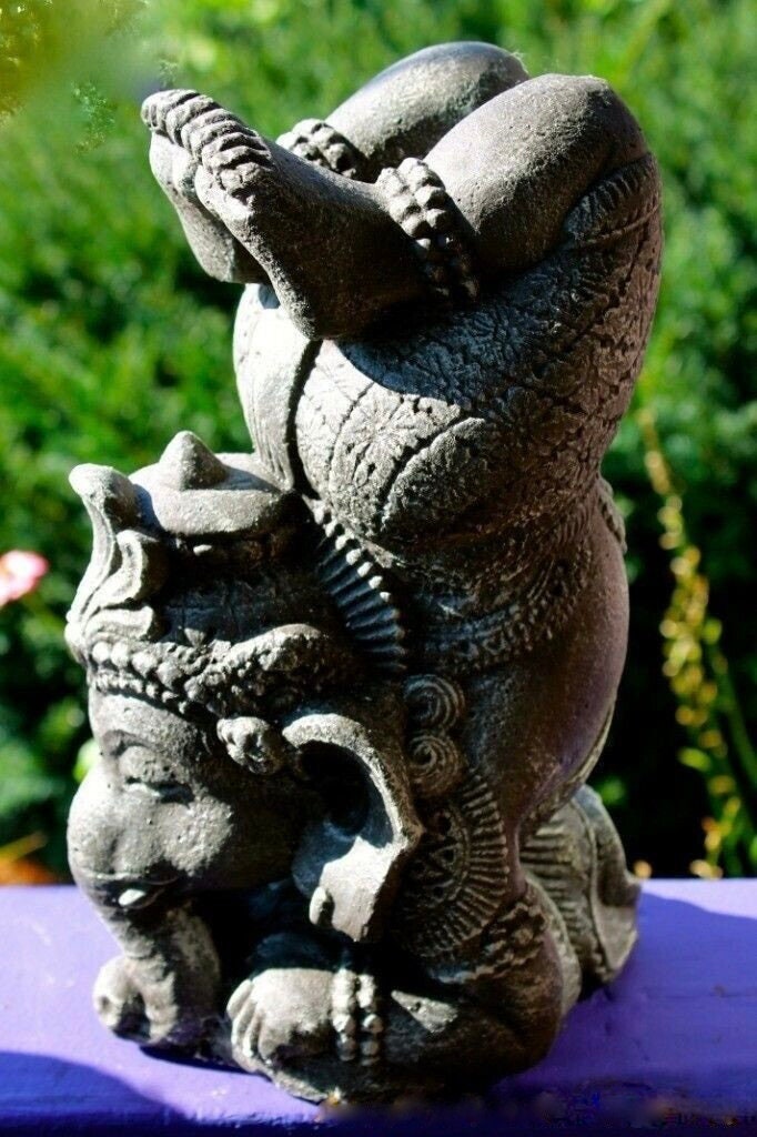 Yoga Pose Ganesha Garden Statue Handmade Cast Lava Stone Elephant Sculpture Balinese art Eclectic Boho Decor - Acadia World Traders