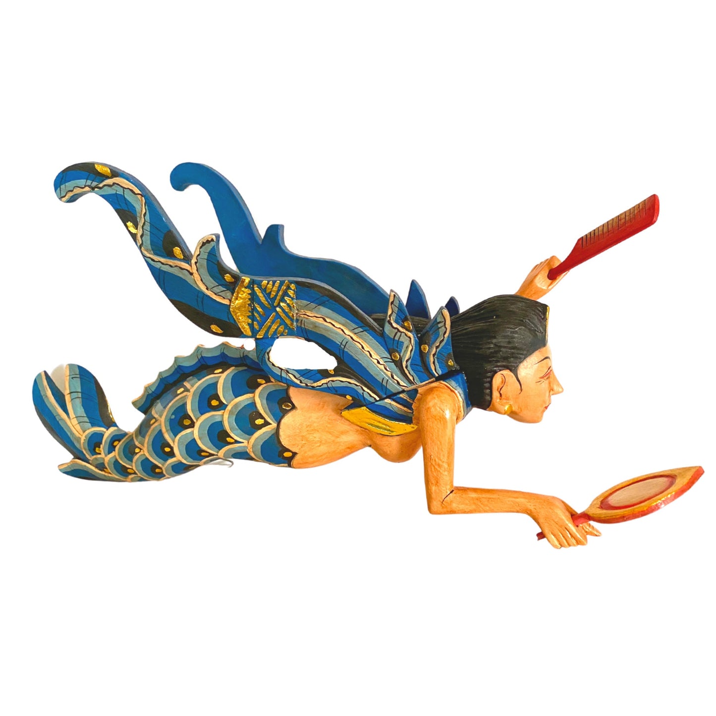 Bali Winged Mermaid Flying Goddess Hanging Mobile Cradle Crib Guardian Spiritchaser Hand Carved wood Carving Balinese Folk art Teal 16"
