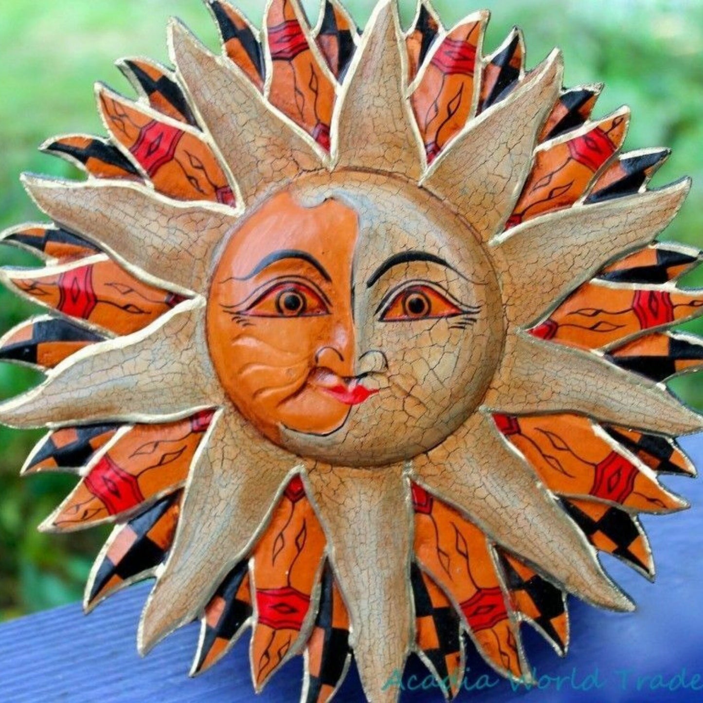 Batik Sunburst Sun Wall Art Plaque Half MOON Celestial Carved hand painted Bali folkart - Acadia World Traders