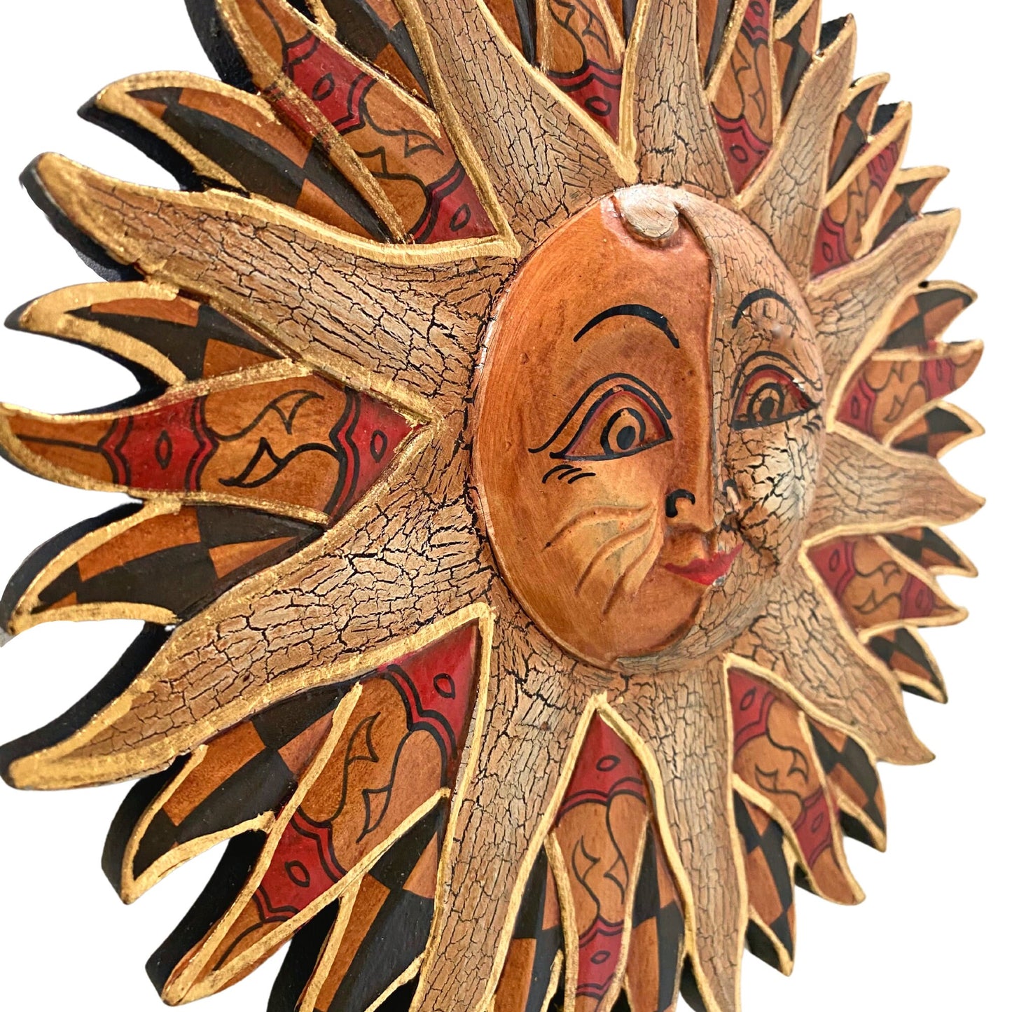 Batik Sunburst Sun Wall Art Plaque Half MOON Celestial Carved hand painted Bali folkart - Acadia World Traders