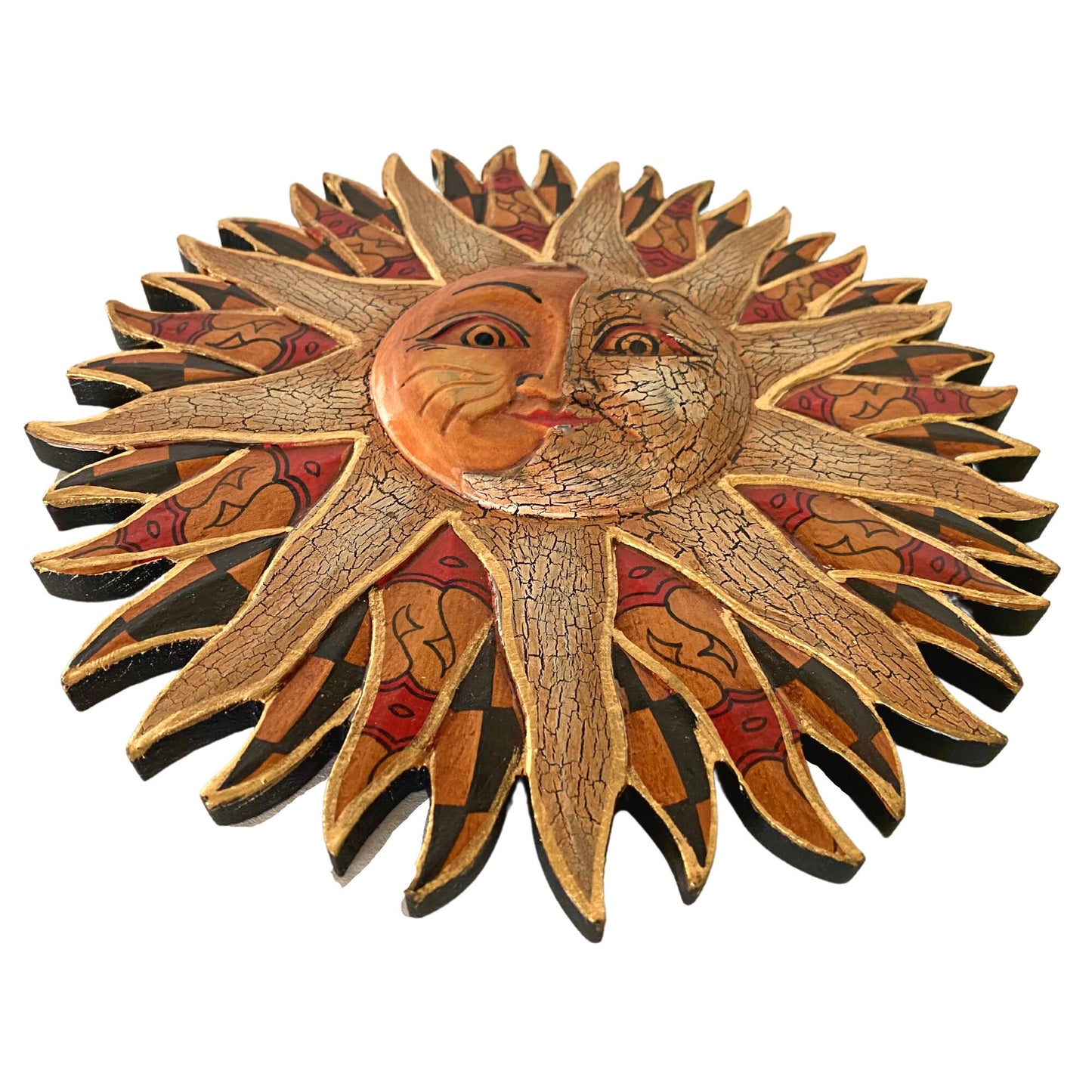 Batik Sunburst Sun Wall Art Plaque Half MOON Celestial Carved hand painted Bali folkart - Acadia World Traders