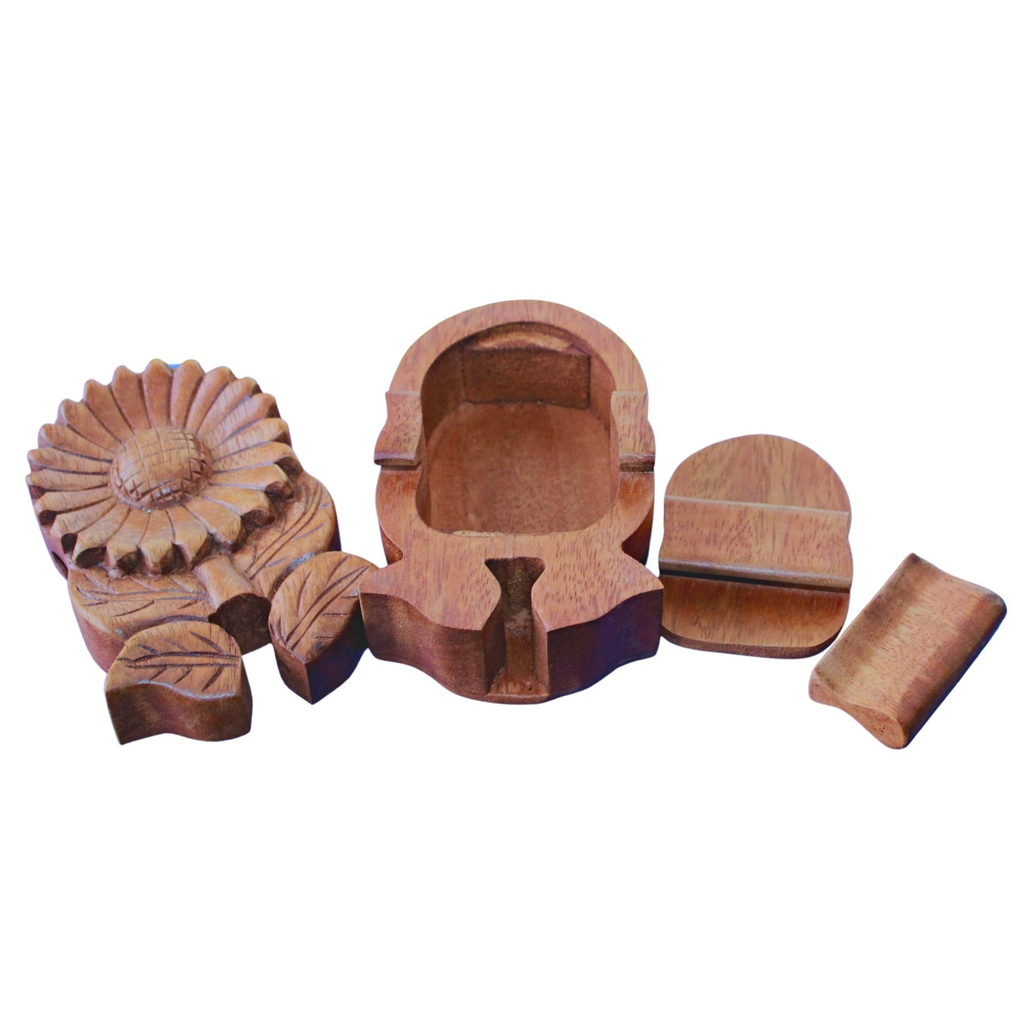 Hand Carved Sunflower Secret Box: Wood Puzzle Stash Box