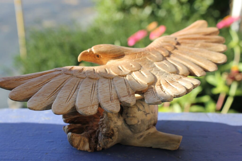 Swooping Eagle Bird of Prey Sculpture Hand Carved Parasite Mushroom Wood Statue Bali art