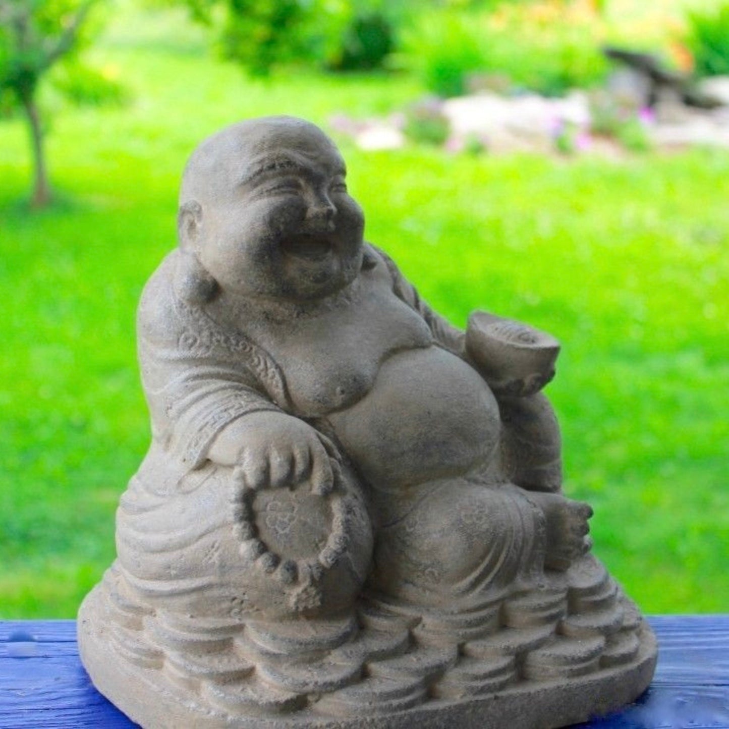 Cast Lava Stone Hotei Laughing Buddha Garden Statue: Balinese Garden Art