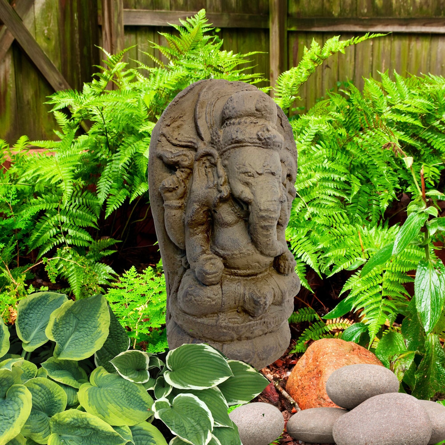 Ganapati Ganesha Lotus Pose Statue Garden statuary Remover Obstacles Cast Lava stone sculpture Brown Handmade Bali yard art