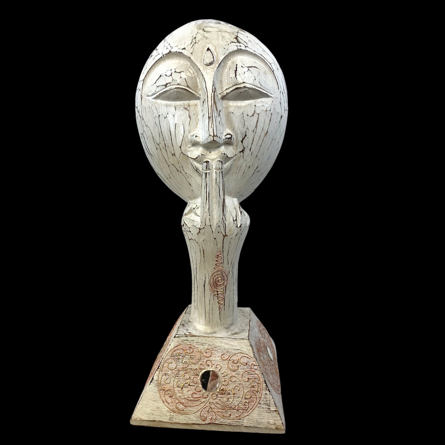 Balinese White Buddha Silence Mask Sculpture Shush Wall Art hand carved wood Bali Vintage style