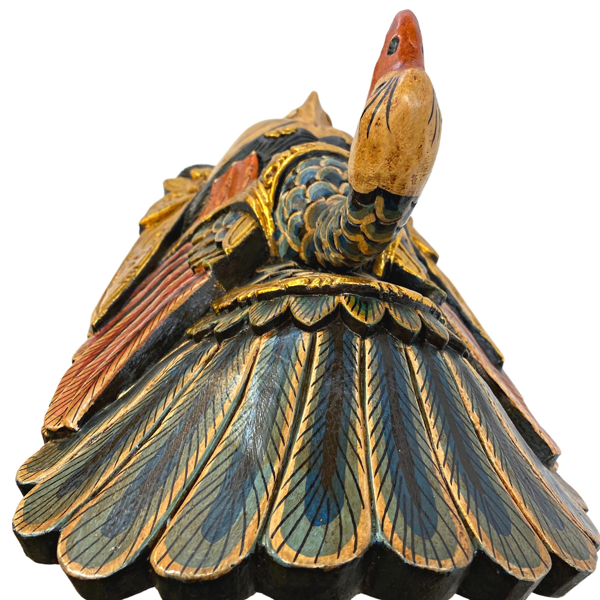 Goddess Saraswati Mask with Peacock crown Goddess of Knowledge Wisdom Polychrome Hand Carved Wood Carving Balinses Folk Art 20 inches - Acadia World Traders