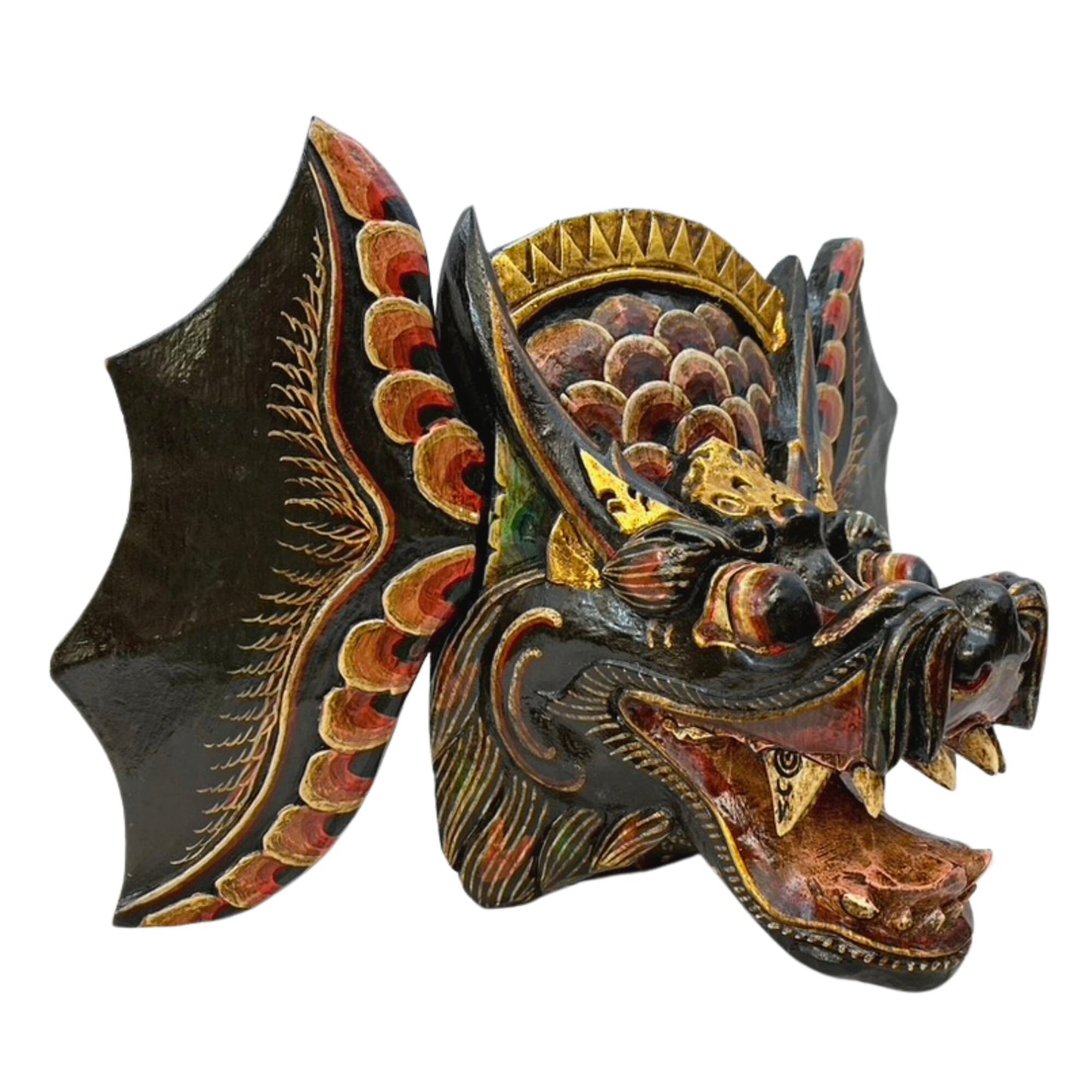 Black Winged Dragon Head Naga Mask Hand Painted Polychrome Mask Wall art hand carved wood Bali Folk Art