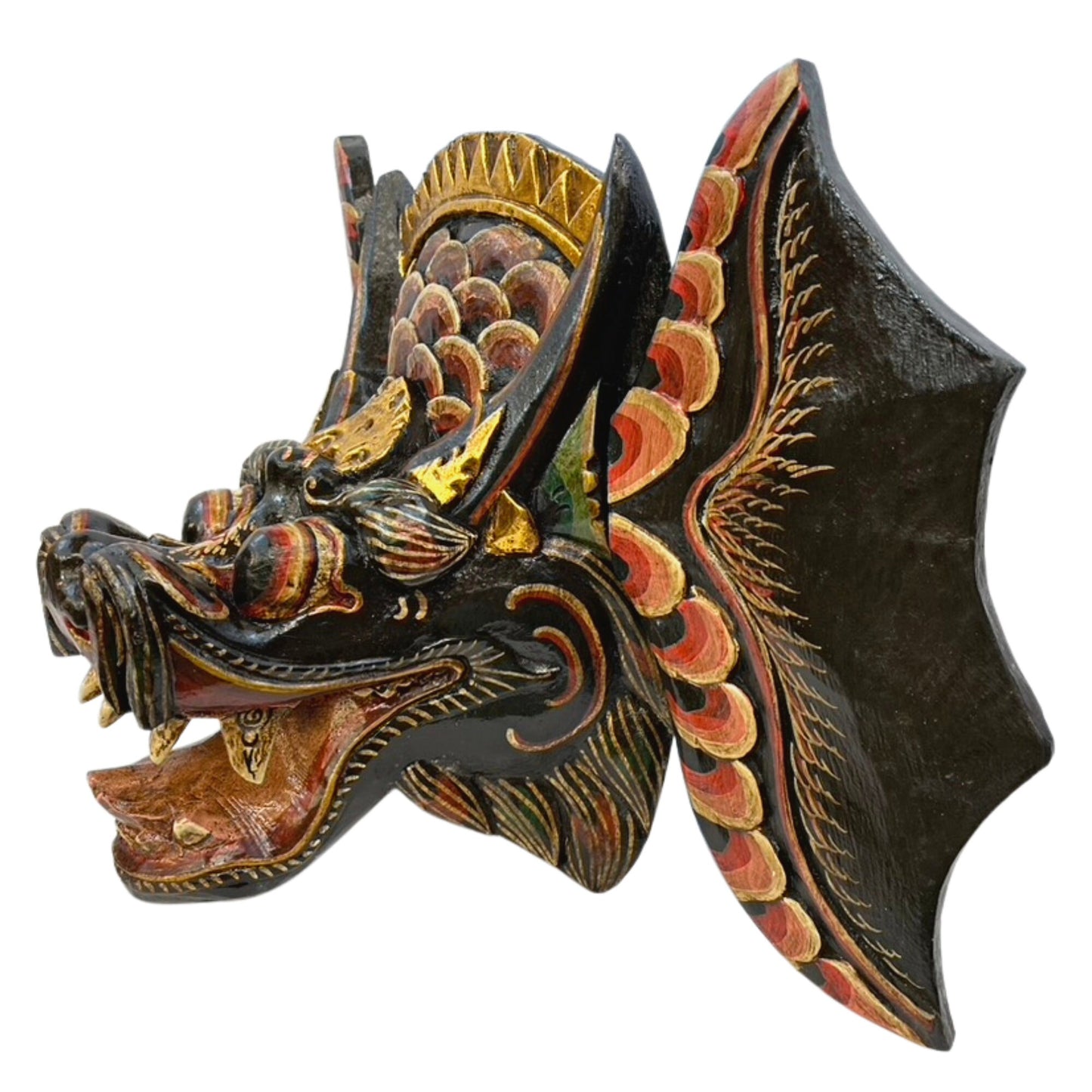 Black Winged Dragon Head Naga Mask Hand Painted Polychrome Mask Wall art hand carved wood Bali Folk Art
