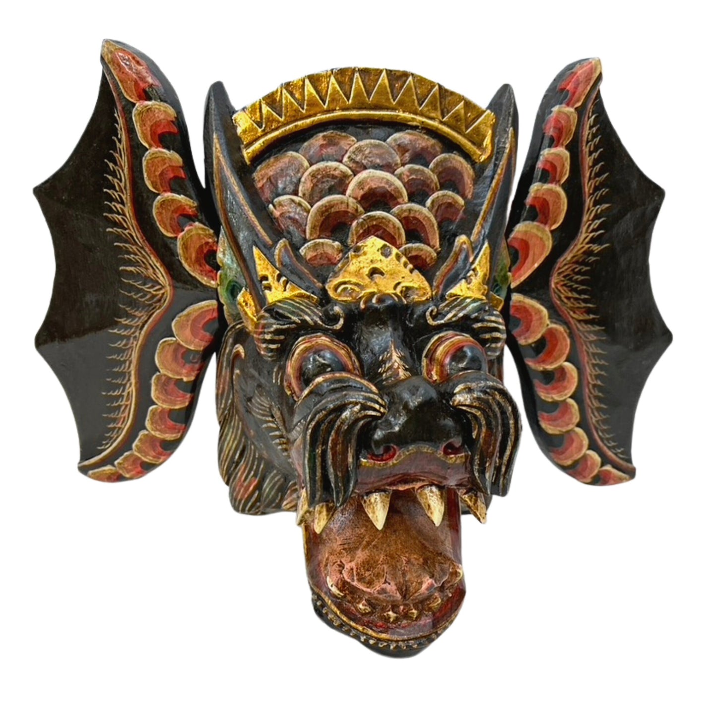 Black Winged Dragon Head Naga Mask Hand Painted Polychrome Mask Wall art hand carved wood Bali Folk Art