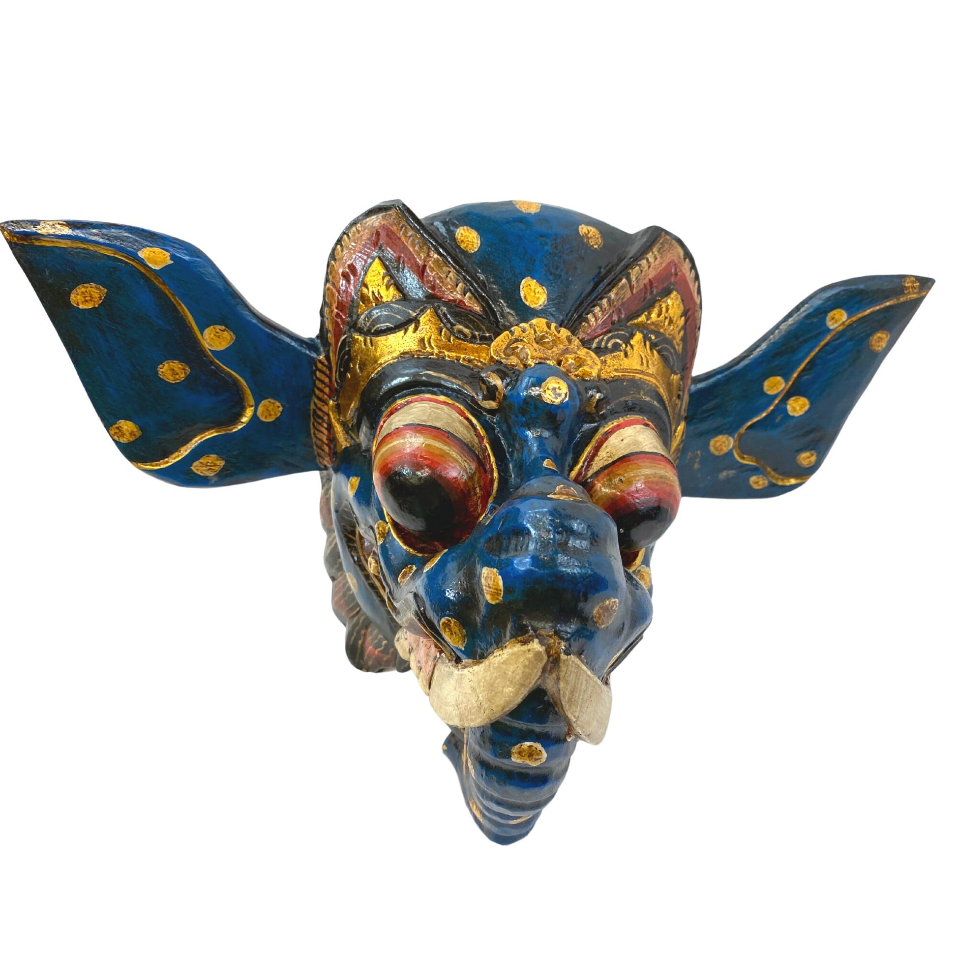 Balinese Blue Ganesha Elephant Mask Remover of Obstacles Hand Carved wood Hindu art Bali folk art wall decor - Acadia World Traders