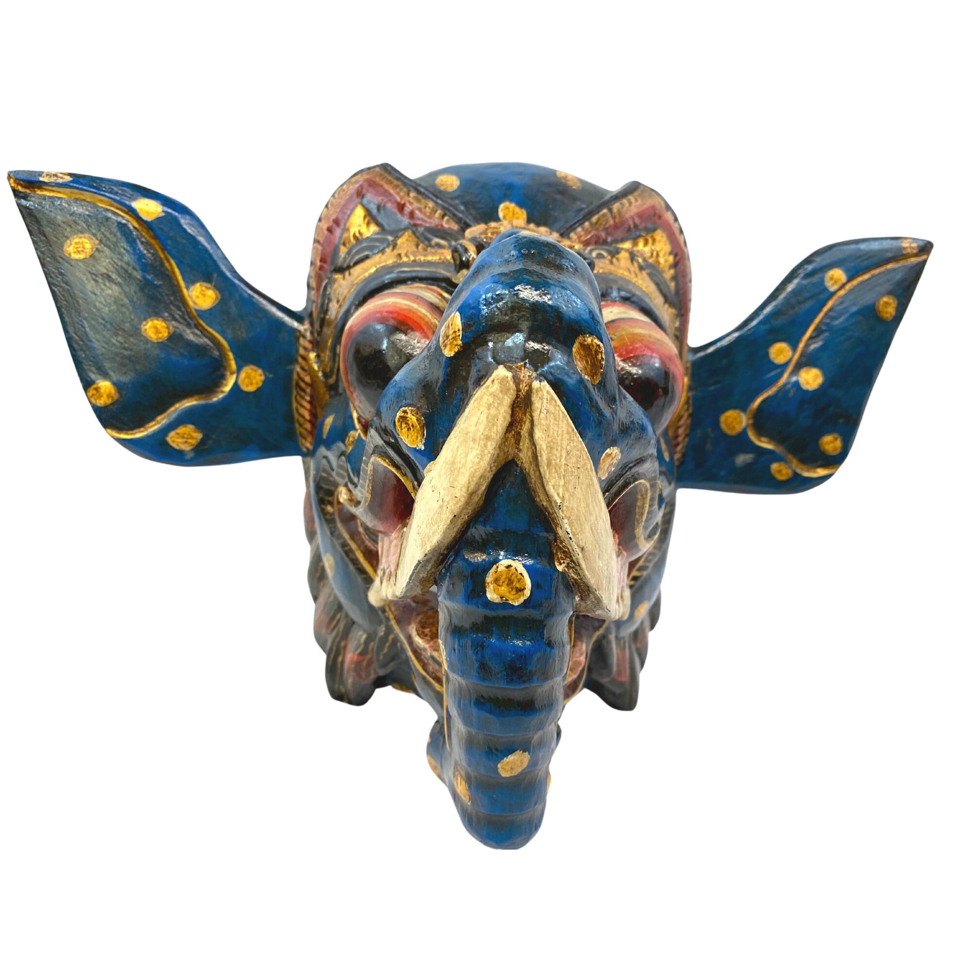Balinese Blue Ganesha Elephant Mask Remover of Obstacles Hand Carved wood Hindu art Bali folk art wall decor - Acadia World Traders