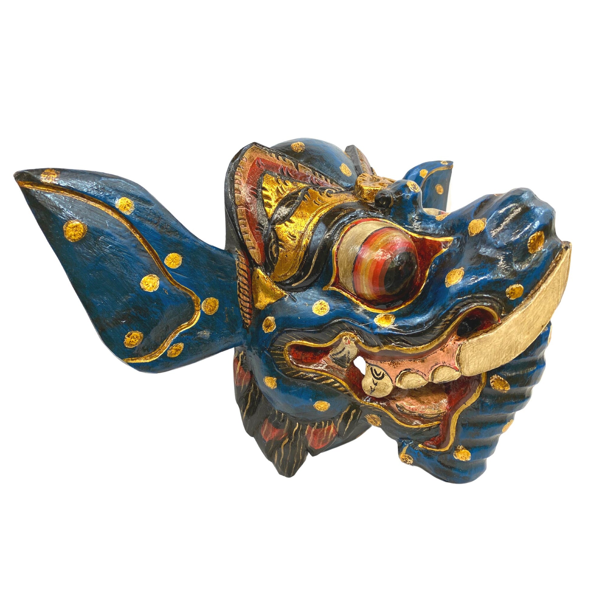 Balinese Blue Ganesha Elephant Mask Remover of Obstacles Hand Carved wood Hindu art Bali folk art wall decor - Acadia World Traders