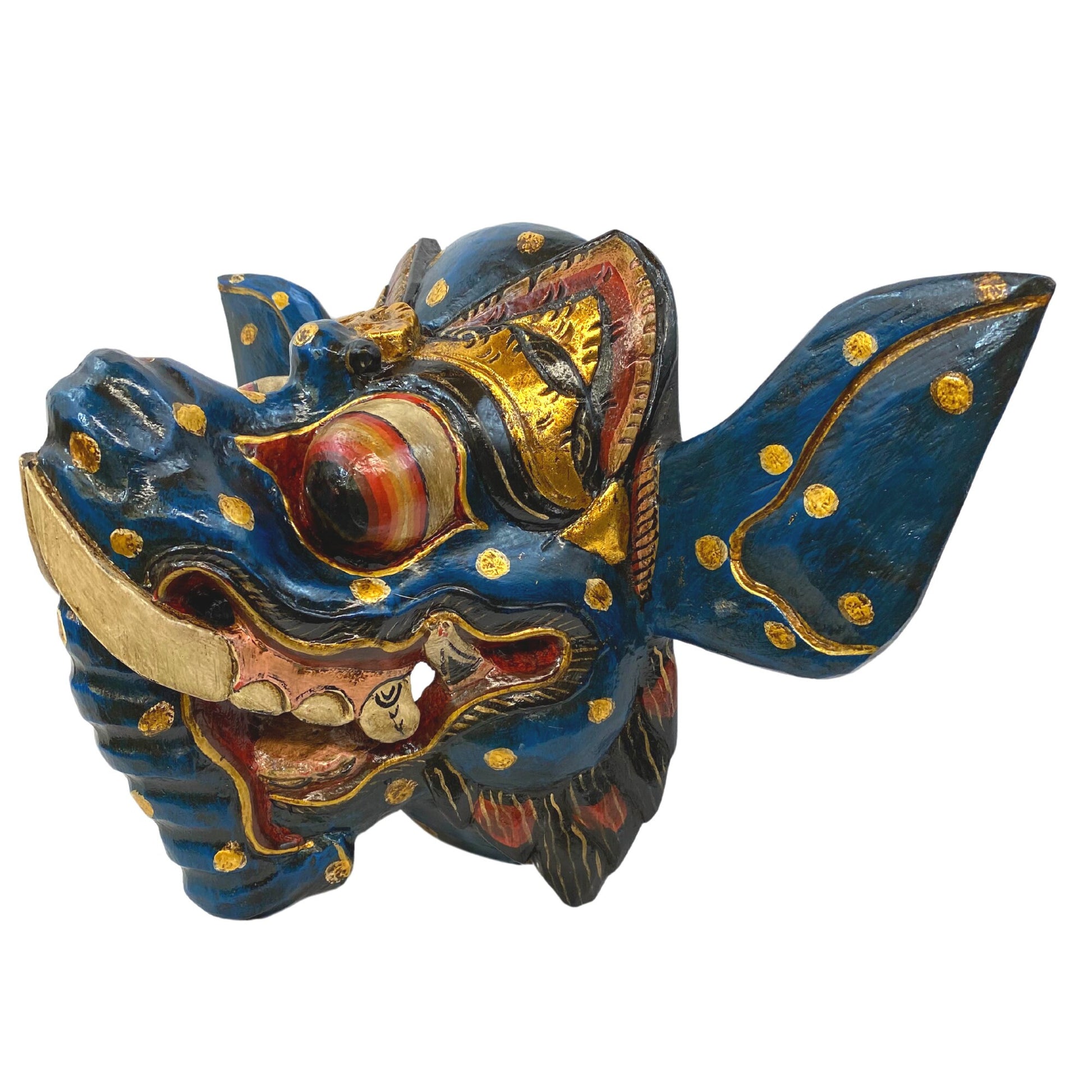 Balinese Blue Ganesha Elephant Mask Remover of Obstacles Hand Carved wood Hindu art Bali folk art wall decor - Acadia World Traders