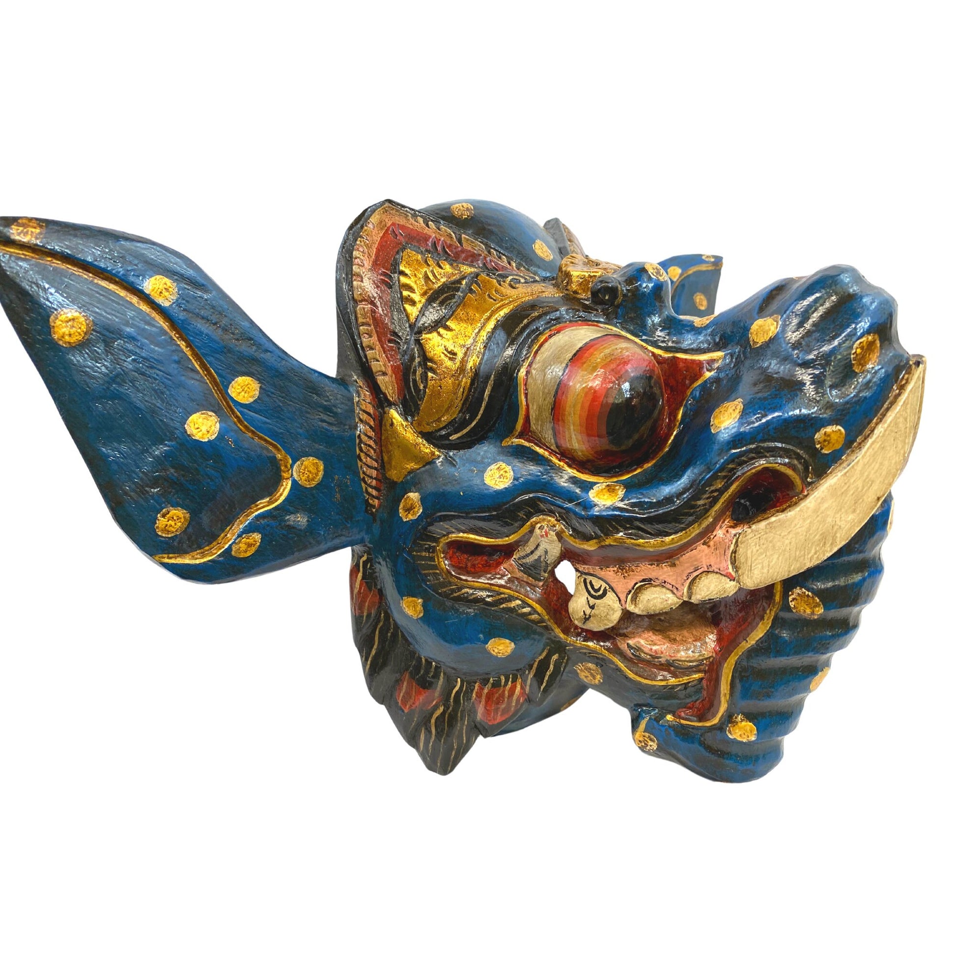 Balinese Blue Ganesha Elephant Mask Remover of Obstacles Hand Carved wood Hindu art Bali folk art wall decor - Acadia World Traders