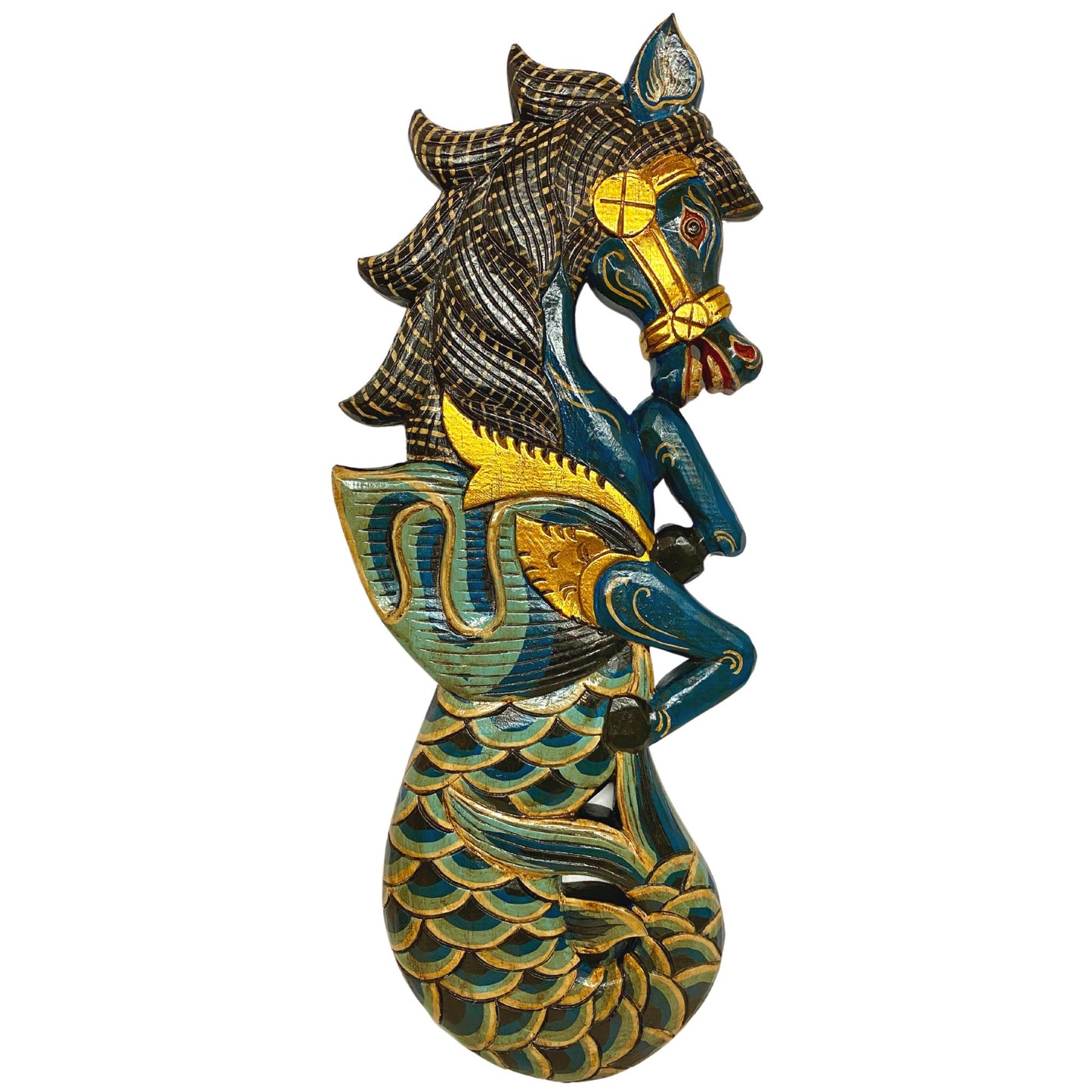 Balinese Winged Seahorse Sea Horse Wall Art Decorative Panel Mermaid Hand Carved Wood Carving Painted Wall Sculpture Bali Folk Art Teal - Acadia World Traders