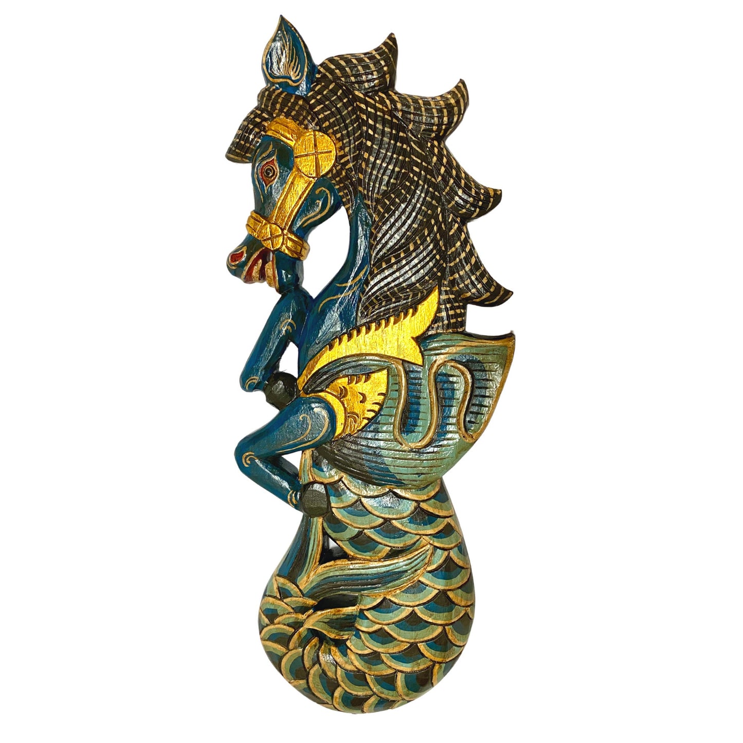Balinese Winged Seahorse Sea Horse Wall Art Decorative Panel Mermaid Hand Carved Wood Carving Painted Wall Sculpture Bali Folk Art Teal - Acadia World Traders