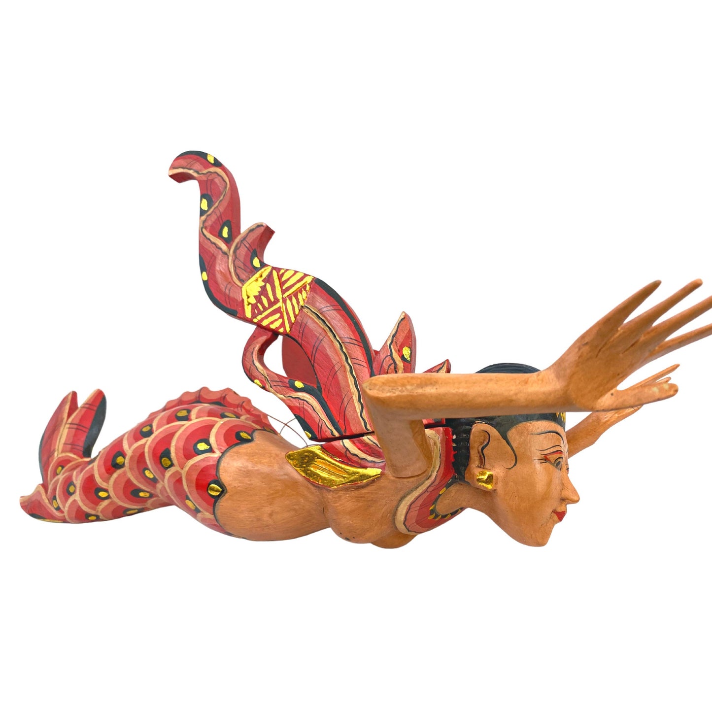 Bali Winged Flying Mermaid Mobile Spiritchaser Aspra Cradle guardian Carved wood Balinese art Red 18" - Acadia World Traders