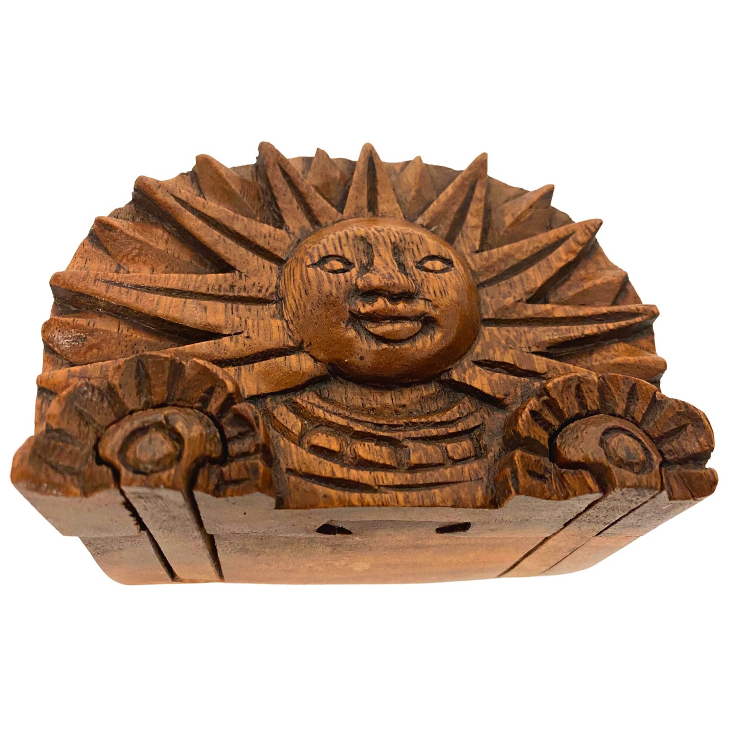 Celestial Sunrise Smiling Sun Secret puzzle Box Stash Jewelry gift Box Trinket Box Hand carved suar wood Bali Art - Acadia World Traders