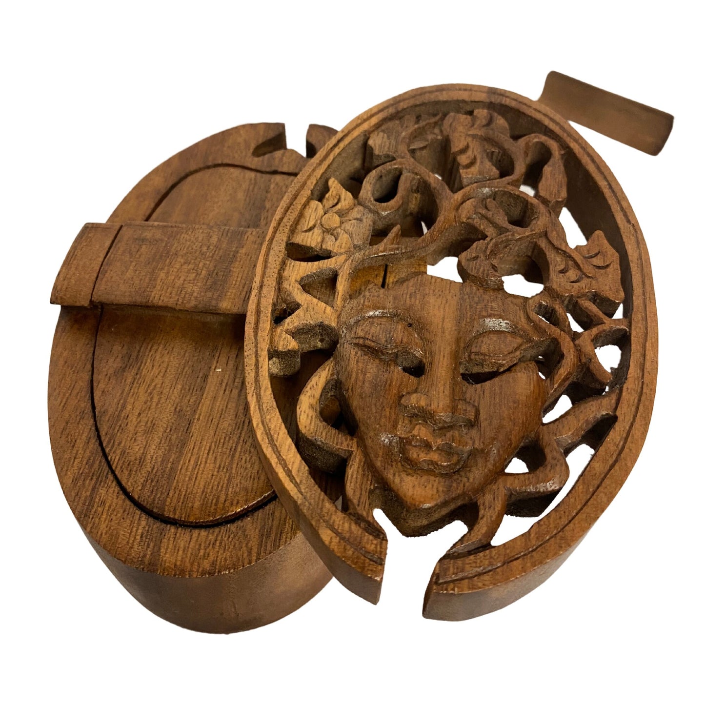 Puzzle Box Nature Goddess Forest Spirit Secret puzzle Box Stash Box Trinket jewelry gift box Hand carved wood Balinese Folk Art